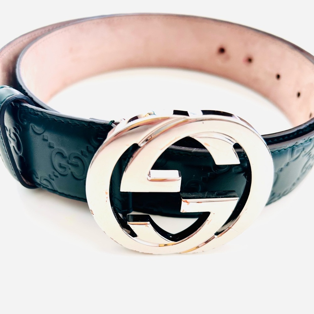 Gucci Unisex Guccissima Embossed Green Leather Belt w/dble G Chrome Buckle Sz 90